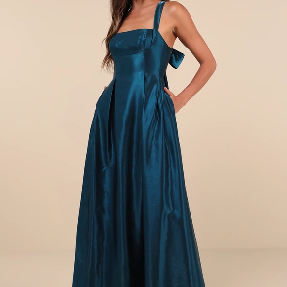 Immaculate Aura Shiny Dark Teal Taffeta Maxi Dress With Pockets NWT - Picture 1 of 4